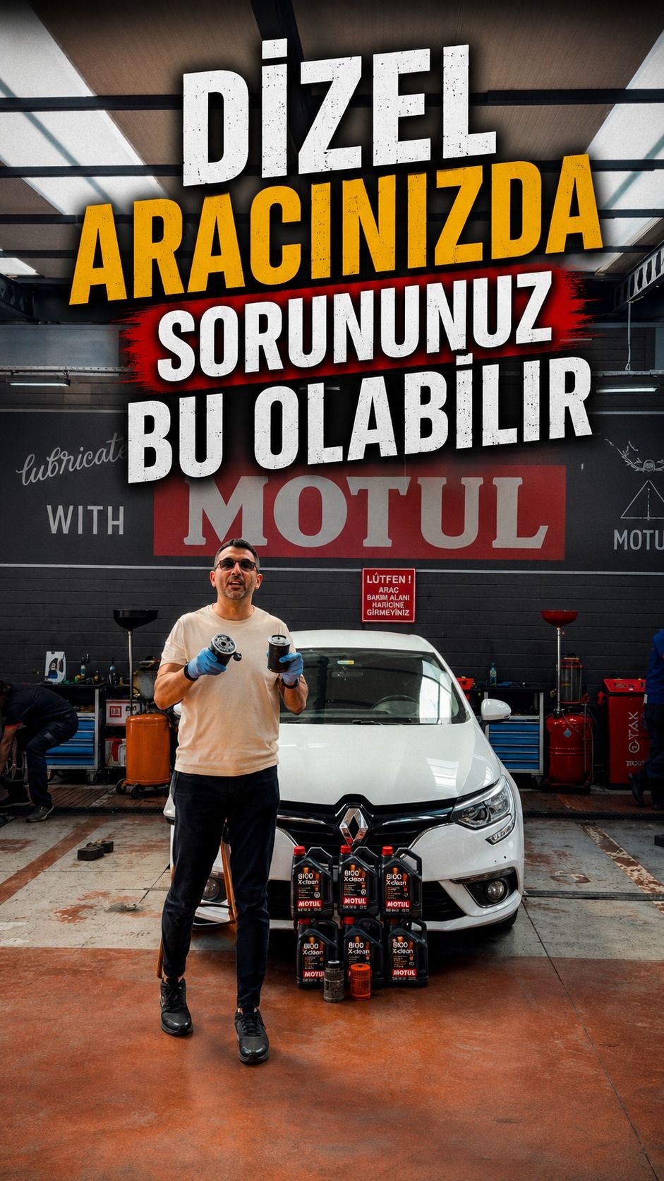 Candan atölyesinde Renault aracı yanında filtreleri gösteren teknisyen